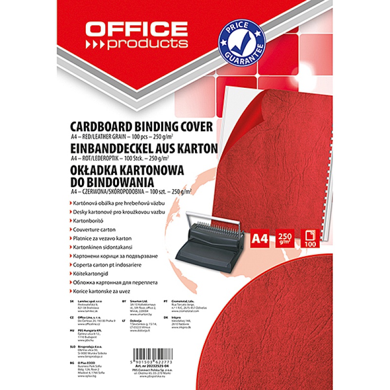 Okładki do bindowania OFFICE PRODUCTS, karton, A4, 250gsm, skóropodobne, 100szt., czerwone