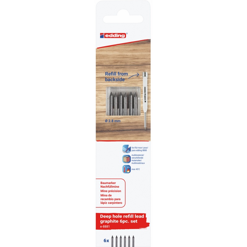Wymienne wkłady e-8881 EDDING, do ołówka e-8880, 6 szt., blister, grafitowe
